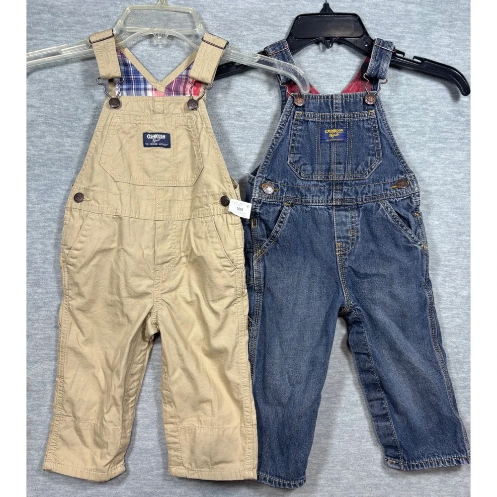 OshKosh Bgosh Toddler Boys Overalls Lot 2 18M Denim Flannel Lined Khaki Plaid
